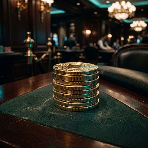 Stacked golden casino chips in teal light