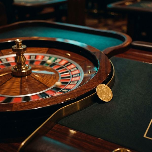 Roulette wheel spinning with golden chip nearby