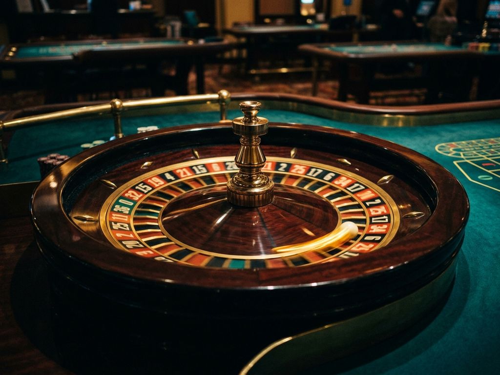 Roulette wheel mid-spin with golden accents