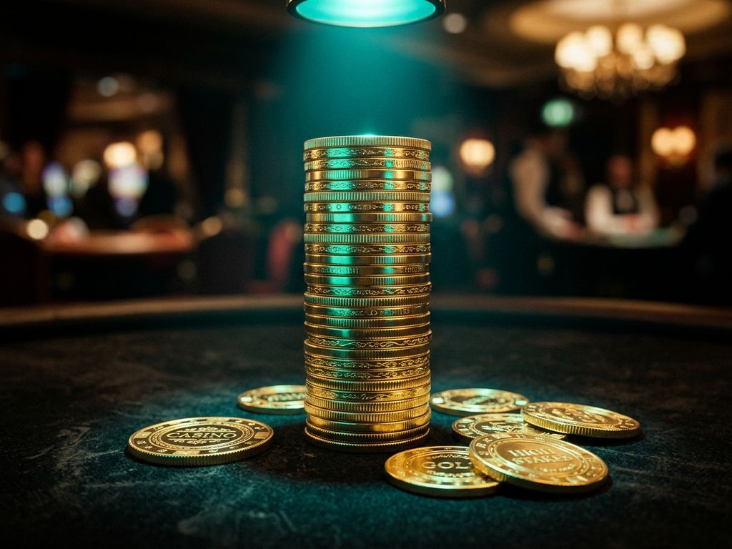 Golden casino chips stacked under teal light