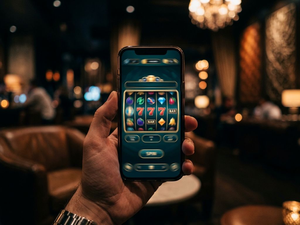 Smartphone displaying casino game reels in hand